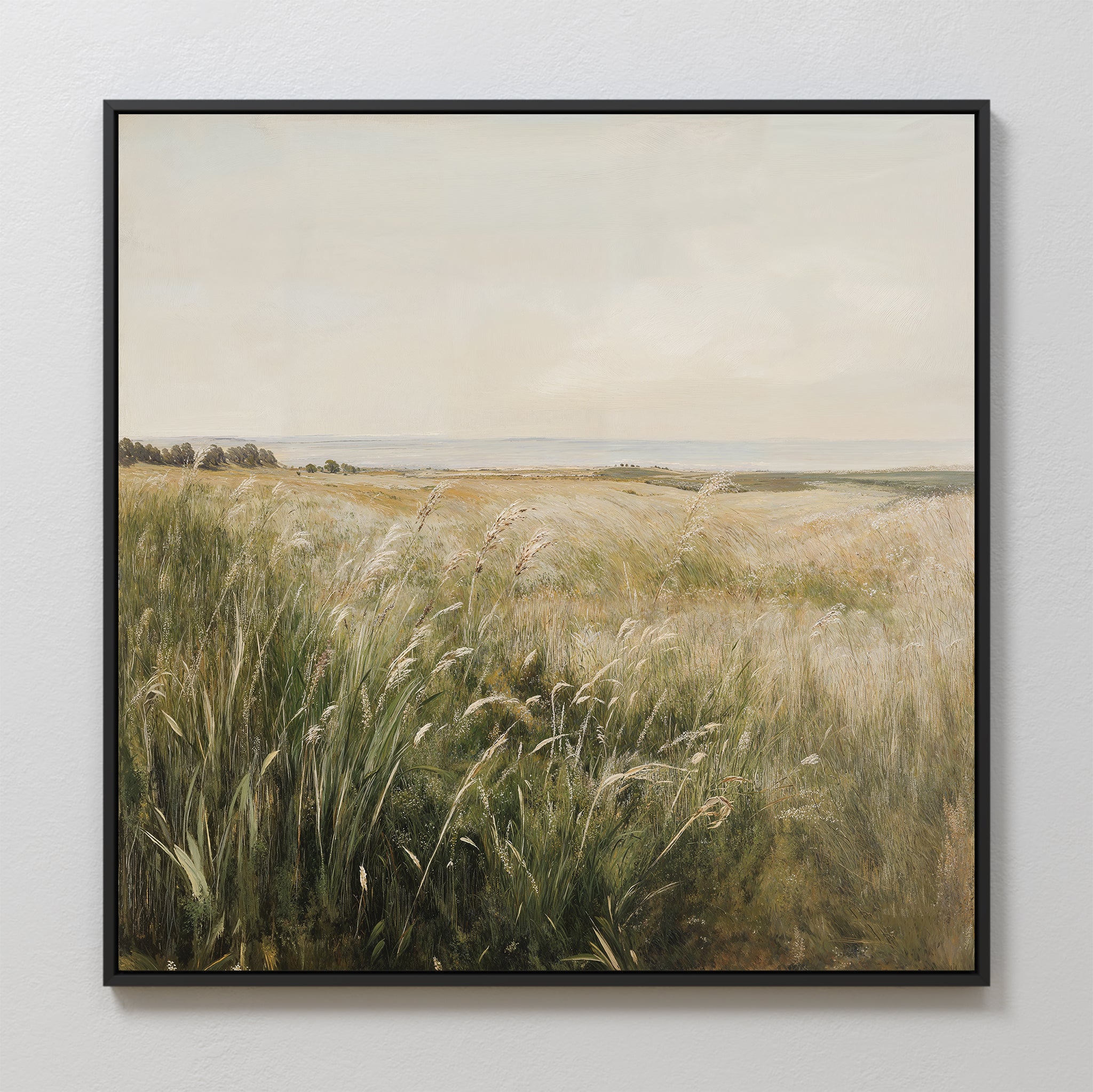 Reeds by the River Canvas Art features a minimalist scene of tall green and golden grasses beneath a cloudy sky with distant trees—a serene wall art print ideal for living room decor.