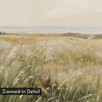 A close-up of the "Reeds by the River Canvas Art" features tall grasses swaying in the breeze beneath a pale sky, distant hills beyond. A "Zoomed-In Detail" label sits bottom left—ideal minimalist wall art for living room decor.