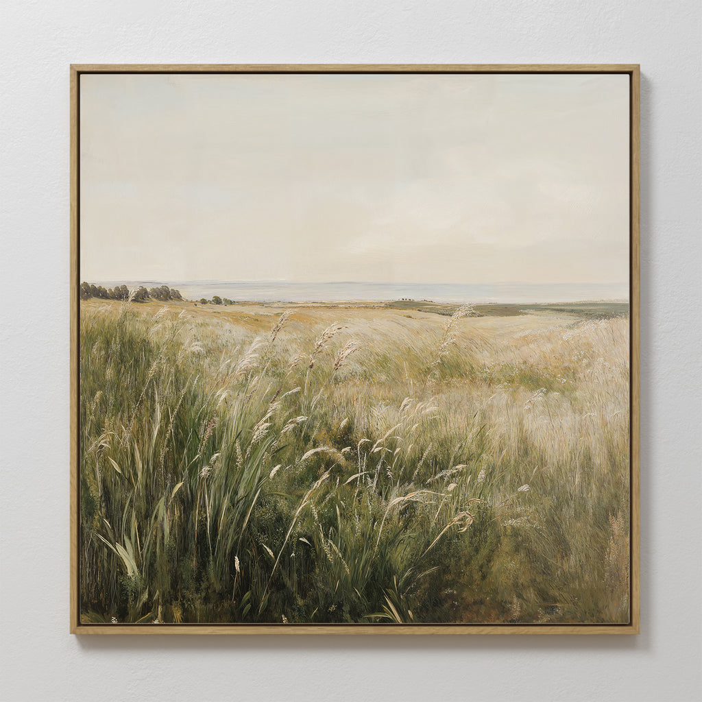 The Reeds by the River Canvas Art is a framed minimalist painting featuring sunlit wild grasses, distant trees, and a pale sky—perfect wall art print for living room decor.