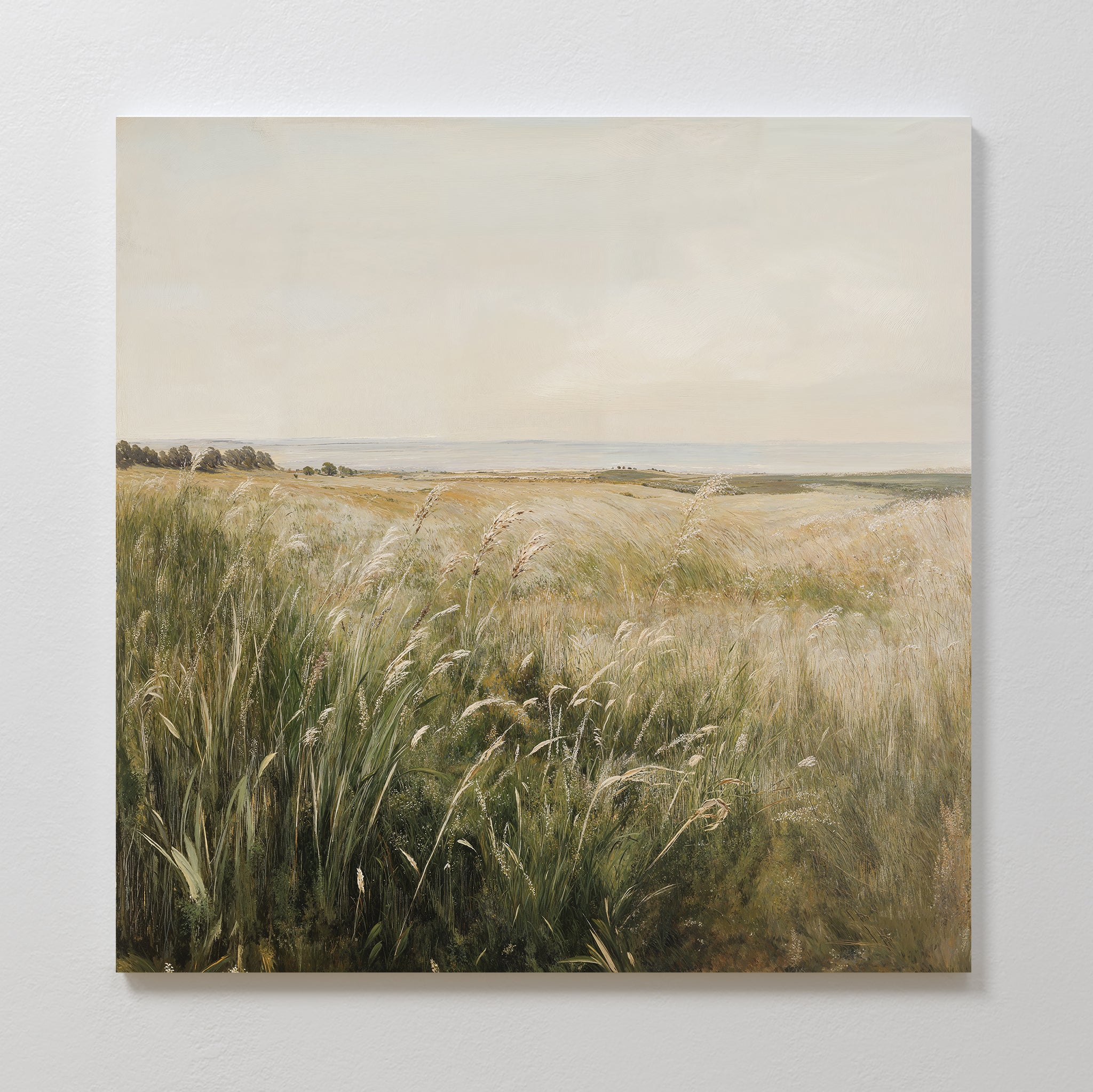 Reeds by the River Canvas Art features a serene grassy meadow under a pale sky with wild reeds in the foreground and distant trees, ideal as minimalist wall decor for a calm, natural living room.
