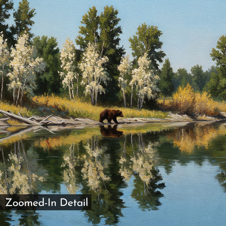 Zoomed-In Detail: Reflections of the Wild Canvas Art features a bear by a tree-lined river, reflections shimmering in calm water and sunlight on green-yellow leaves—an ideal touch of tranquility for minimalist living room decor.