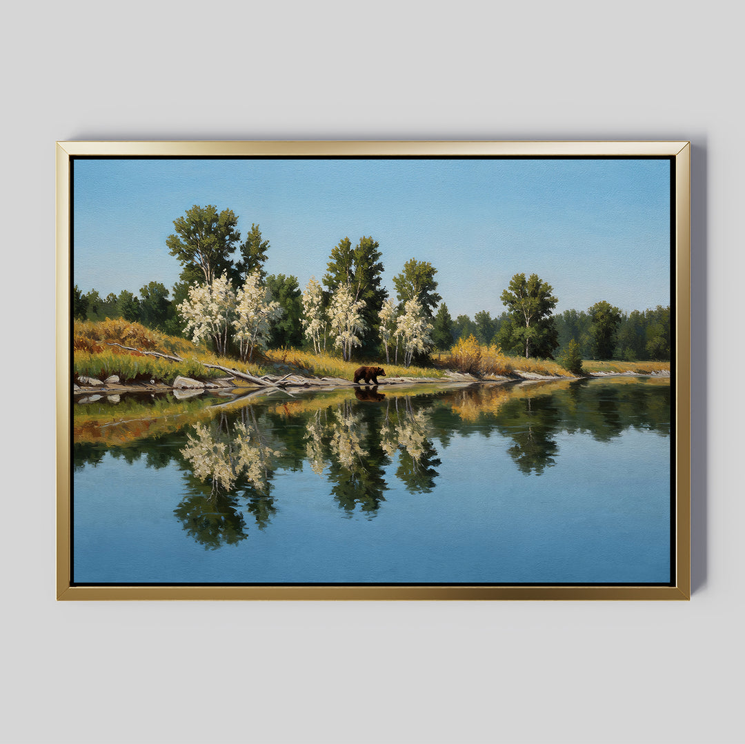 The Reflections of the Wild Canvas Art features a tranquil river landscape with tree reflections and a brown bear near the shore, making it ideal for large wall art or minimalist wall decor.