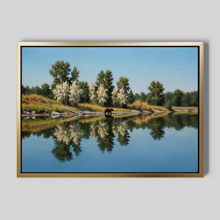 The Reflections of the Wild Canvas Art features a tranquil river landscape with tree reflections and a brown bear near the shore, making it ideal for large wall art or minimalist wall decor.
