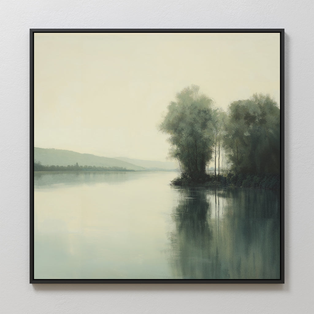 The Reflective River Canvas Art features a calm river with tree reflections, distant hills, and a muted sky, creating serene decor perfect for bringing tranquility to any space.