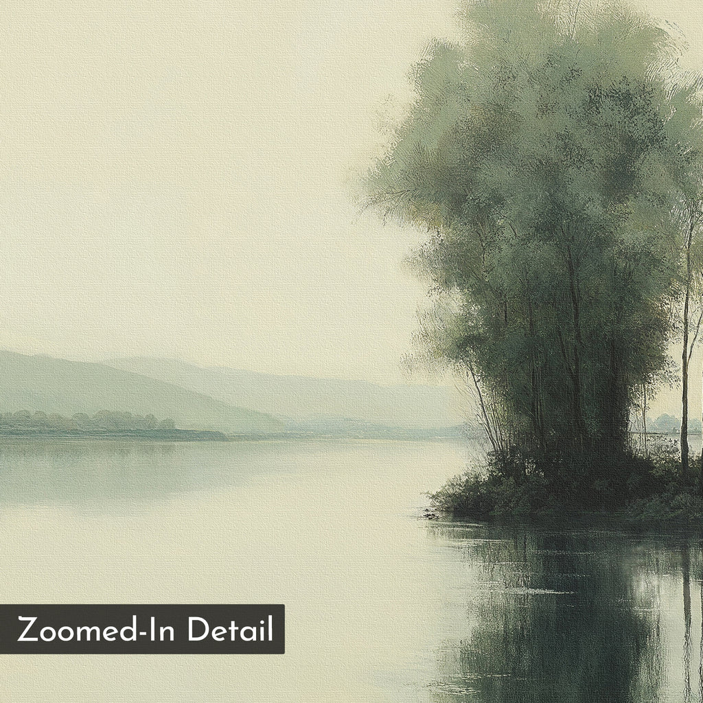Reflective River Canvas Art depicts a calm lake with mirrored trees and misty mountains. A “Zoomed-In Detail” label in the corner enhances this vintage landscape canvas, perfect for adding serene beauty to any space.