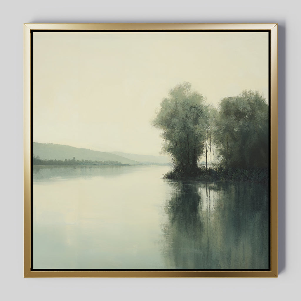 The Reflective River Canvas Art features a calm river with trees and distant hills under a hazy sky, captured on canvas and elegantly framed in metallic gold for a touch of modern style.