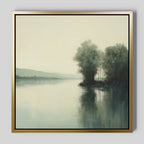 The Reflective River Canvas Art features a calm river with trees and distant hills under a hazy sky, captured on canvas and elegantly framed in metallic gold for a touch of modern style.