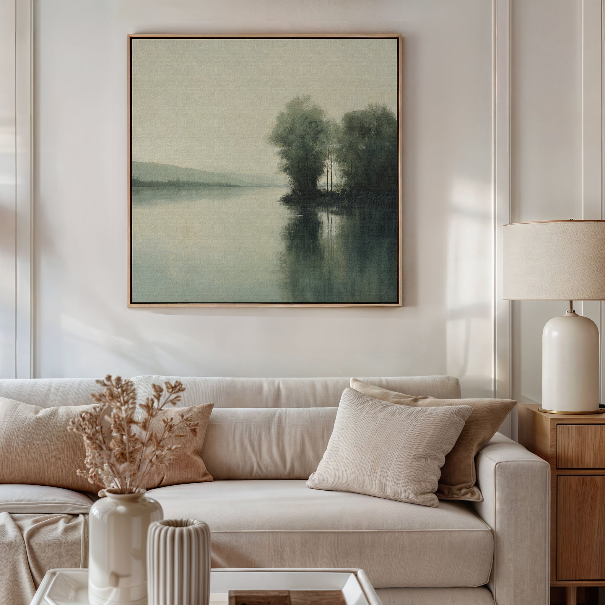 A neutral-toned living room features a beige sofa, cream pillows, a wooden side table with a white lamp, dried flowers in vases, and Reflective River Canvas Art—serene wall decor depicting trees by a tranquil lake.