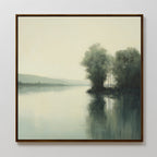 Reflective River Canvas Art features a serene river with trees reflected on the right bank and distant hills under a calm sky—ideal vintage landscape wall art for any room.