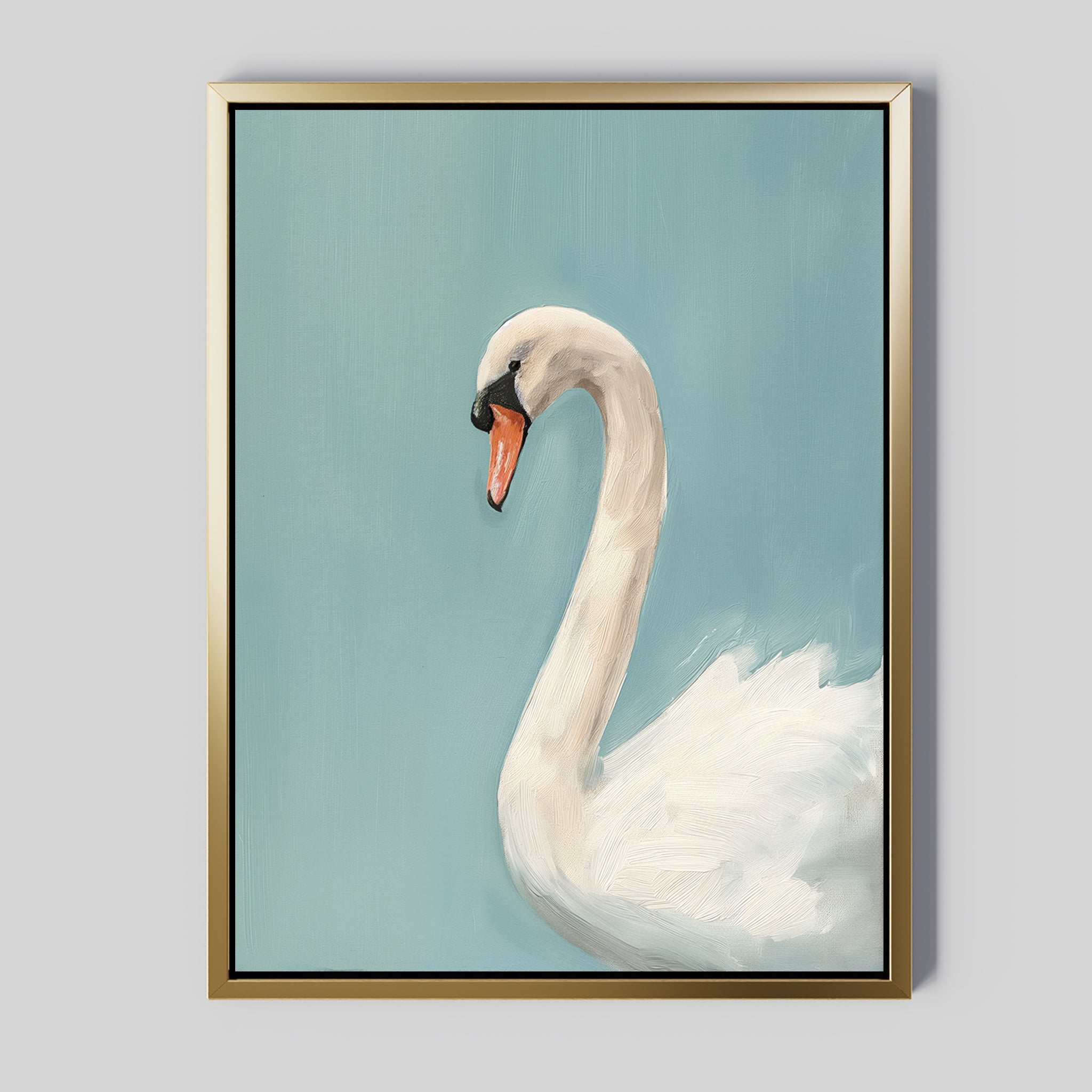 Regal Swan Canvas Art: Minimalist wall art featuring a white swan with an orange beak on a soft blue background, framed in a modern gold frame. The swan faces left—ideal for enhancing contemporary spaces.