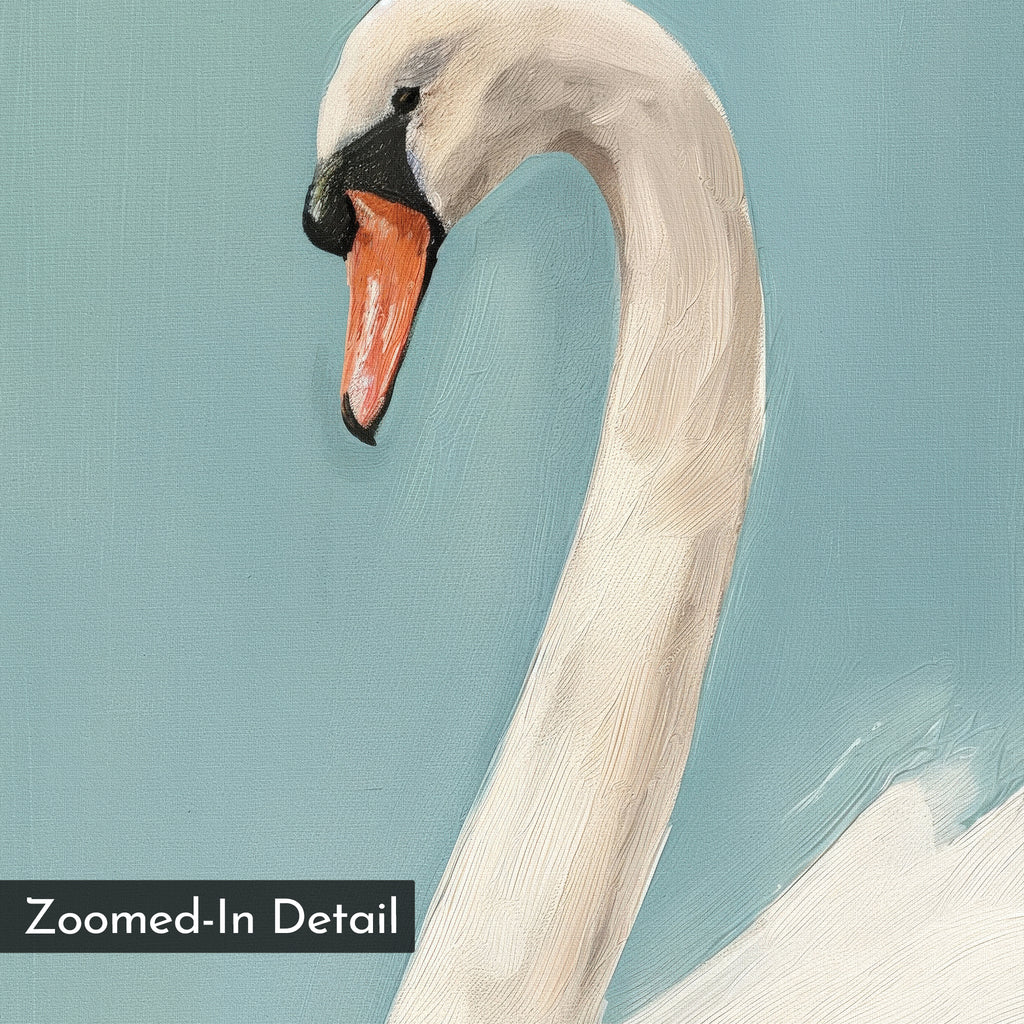 Regal Swan Canvas Art showcases a detailed white swan with an orange beak on a blue background. The phrase "Zoomed-In Detail" appears in the lower-left, adding minimalist wall art charm—ideal for swan-themed decor.