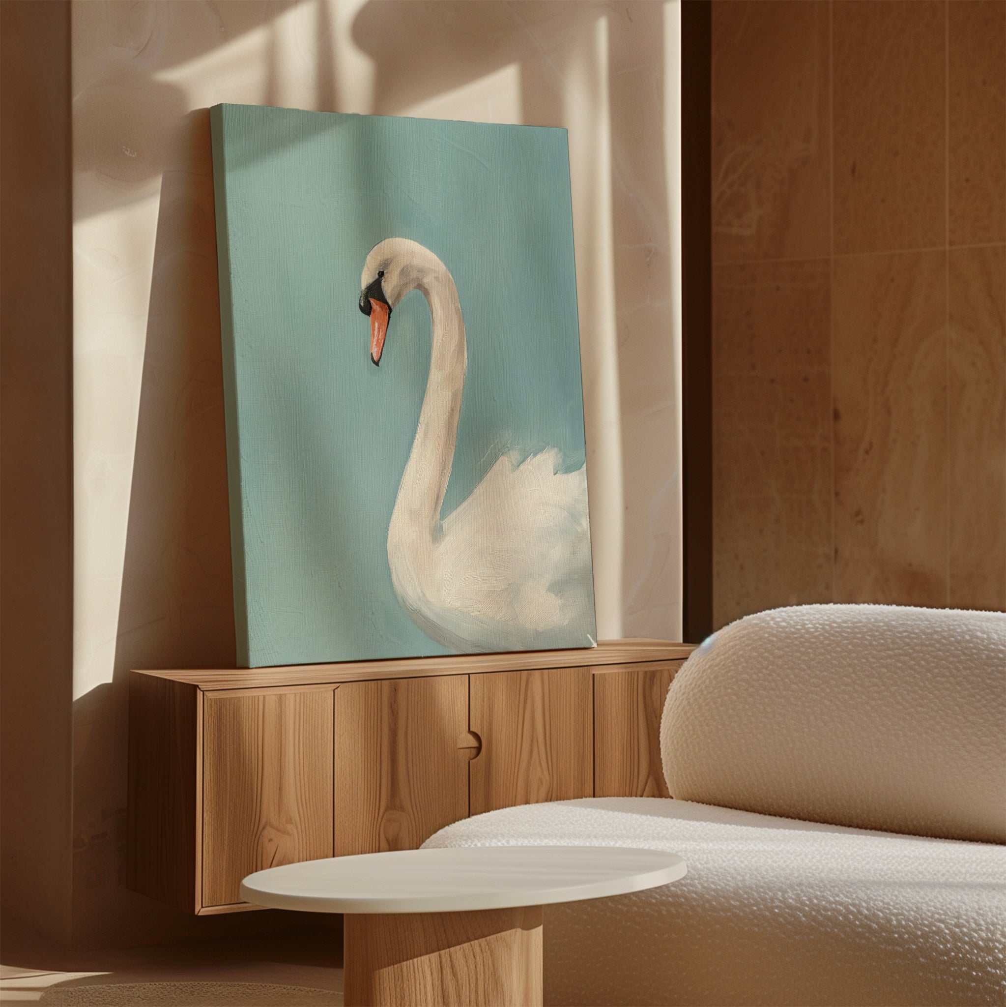 The Regal Swan Canvas Art, featuring a white swan on blue, rests on a wooden console next to a white textured sofa and round table in a sunlit modern room with beige walls.