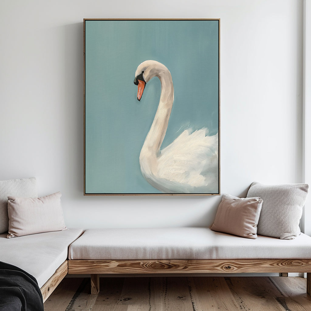 The Regal Swan Canvas Art, featuring a white swan on a blue background, hangs above a wooden bench with light gray and beige cushions, bringing elegance to the minimalist living room.