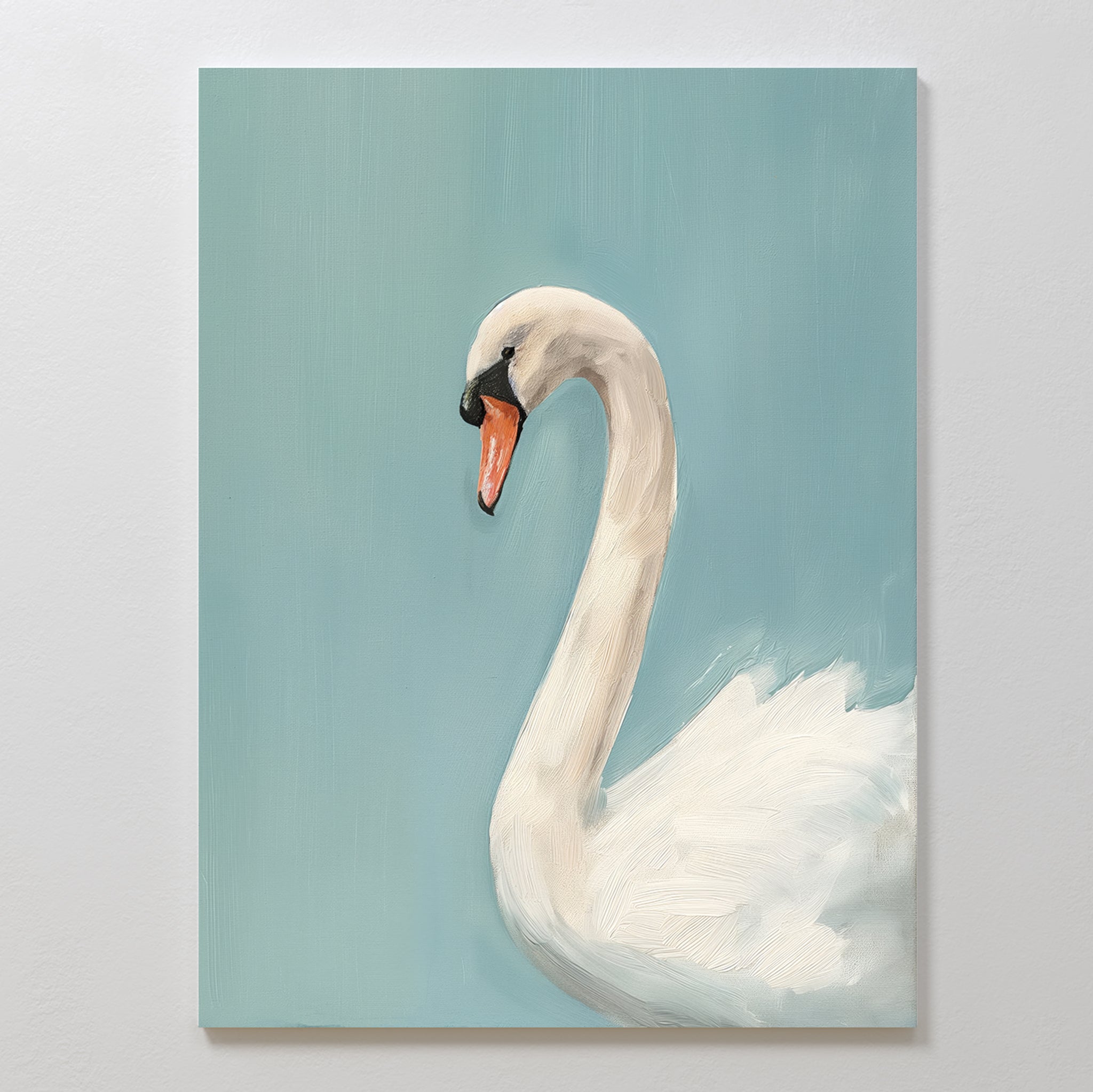 The Regal Swan Canvas Art features a white swan with an orange beak on a soft blue background, highlighting its elegant curved neck and detailed feathers—ideal minimalist wall art for modern interiors.
