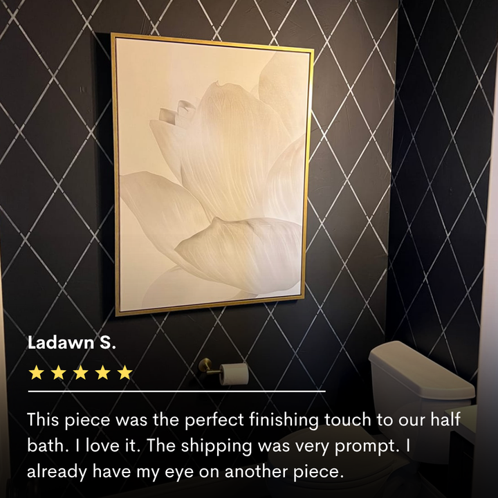 The White Blossom Abstract Canvas Art, featuring a soft floral design, hangs above a bathroom toilet on a dark, diamond-patterned wall. Ladawn S. gave it five stars and praised the fast shipping—ideal for minimalist decor fans.