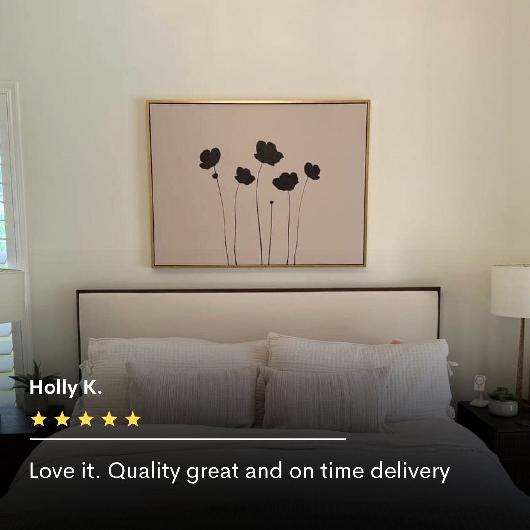 A modern bedroom showcases a neatly made bed, two white lamps on nightstands, and the Botanic Abstract Canvas Art as striking minimalist wall decor above the headboard. A review overlay displays five stars and glowing feedback.