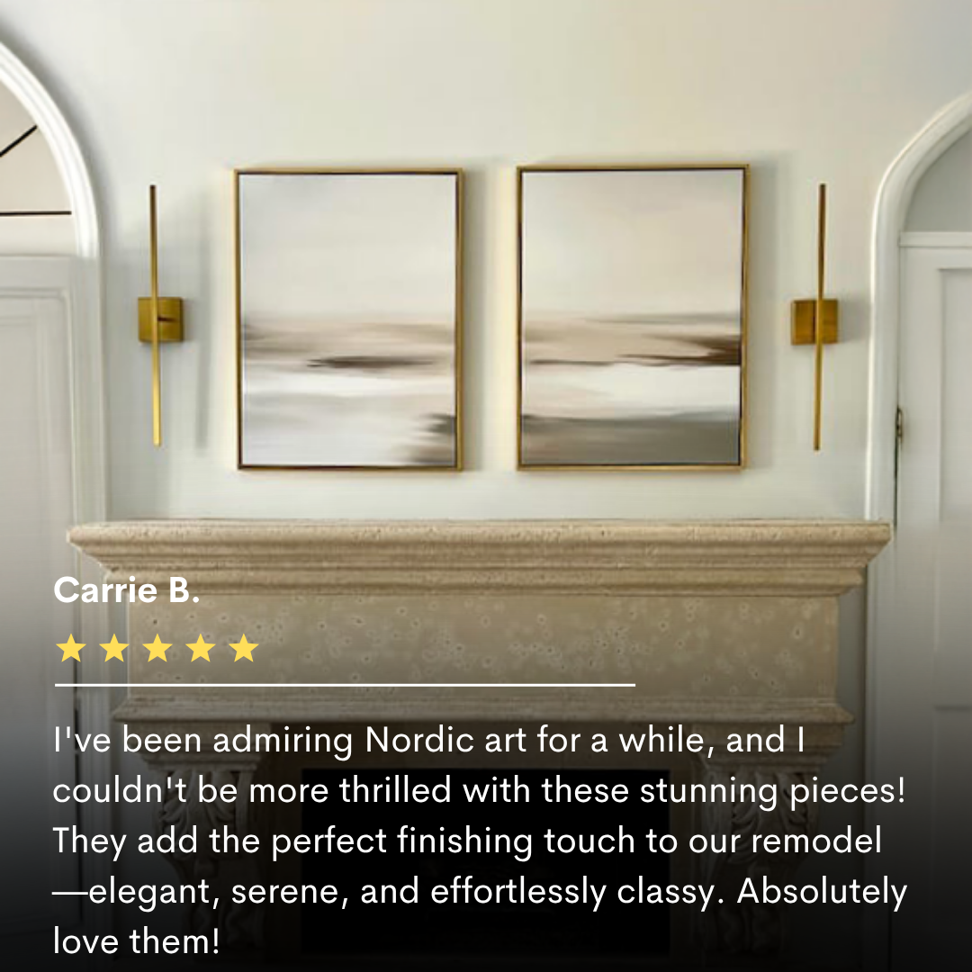A neutral living room displays the Tranquil Shifts Set of 2 modern wall art above a stone mantel with gold sconces. Below, a five-star review highlights customer praise for this Nordic-inspired decor.