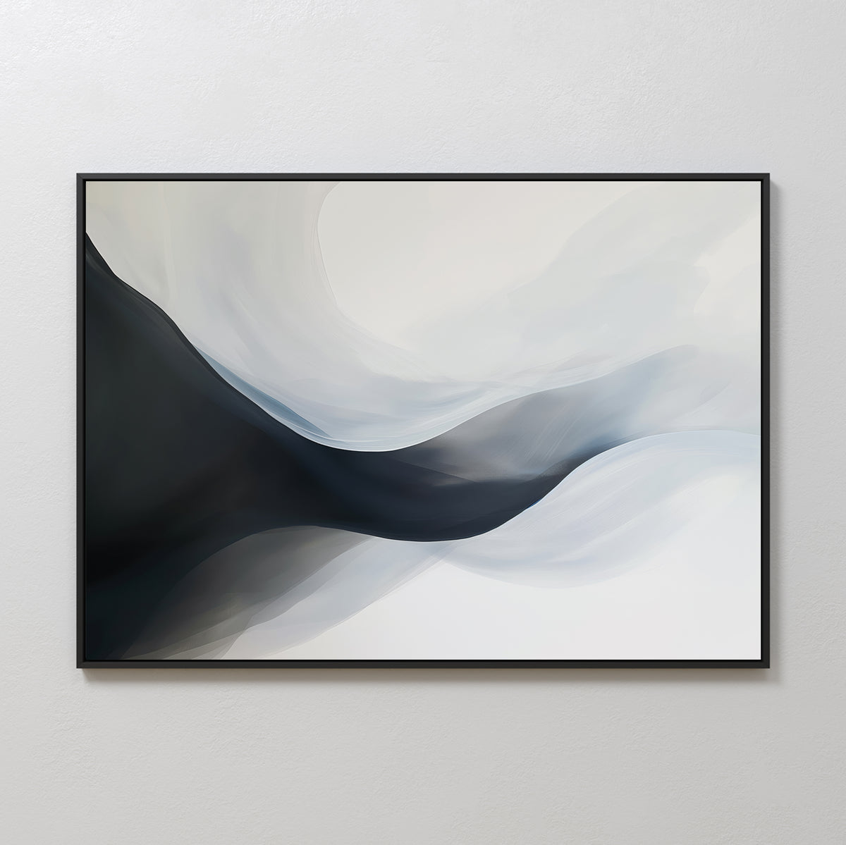 The Rippling Vista Abstract Canvas Art features flowing curves in black, gray, and white for a modern, elegant look. Framed in black, this minimalist wall art adds serene style when displayed on a light-colored wall.
