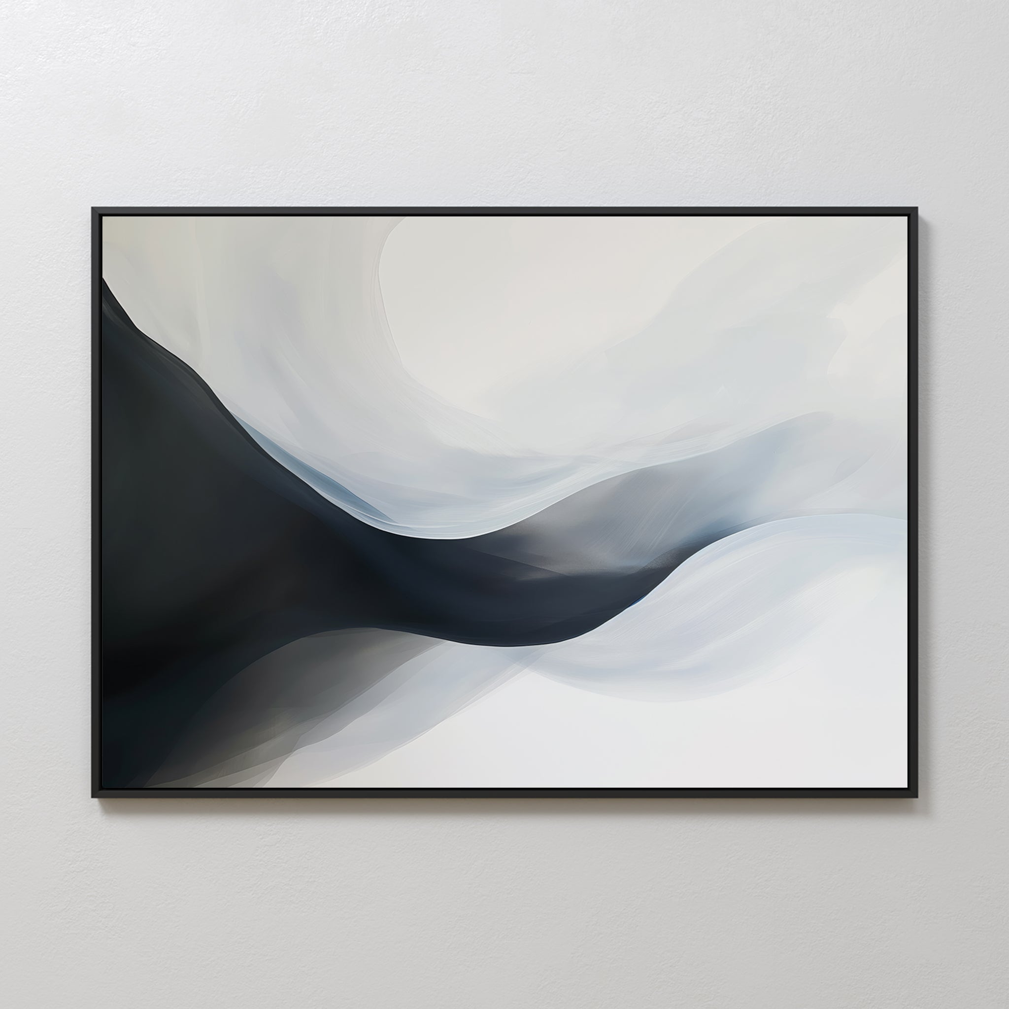 The Rippling Vista Abstract Canvas Art features flowing curves in black, gray, and white for a modern, elegant look. Framed in black, this minimalist wall art adds serene style when displayed on a light-colored wall.