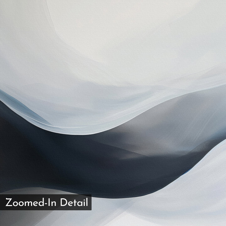 Rippling Vista Abstract Canvas Art showcases smooth, flowing shapes in white, gray, and black tones. The words "Zoomed-In Detail" appear in a box at the lower left, adding a modern, elegant touch to your space.