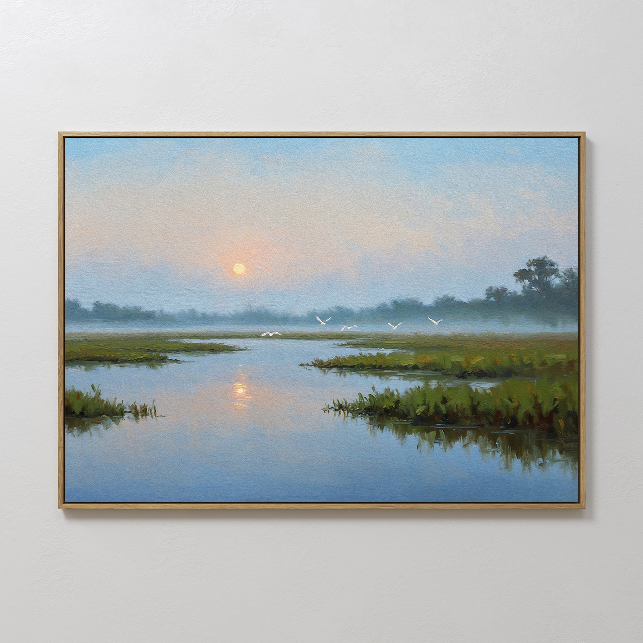 Rising Stillness Canvas Art is a framed minimalist wall piece depicting a serene marsh at sunrise with shimmering water, misty skies, and birds—an ideal way to bring peaceful beauty to your bedroom decor.