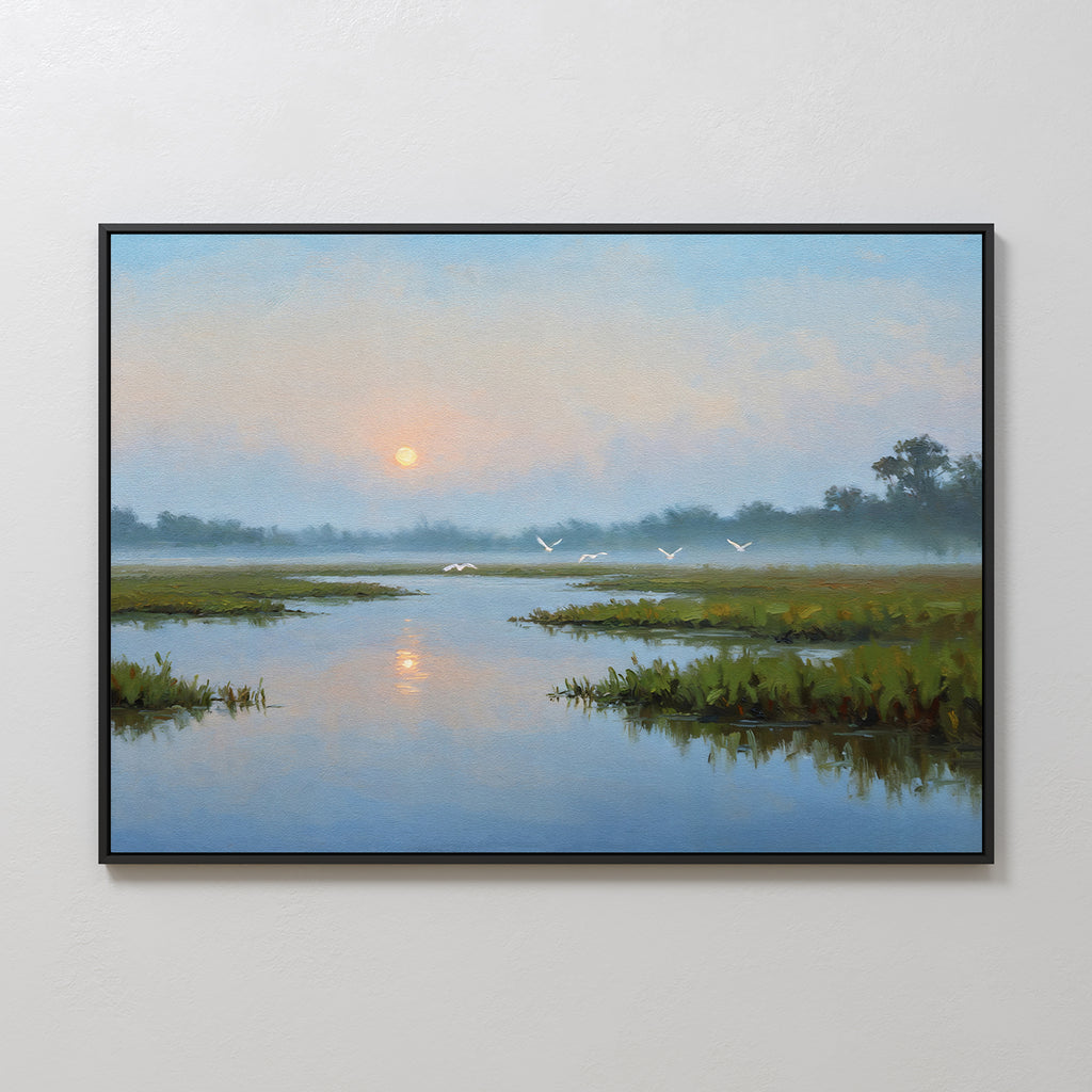 The Rising Stillness Canvas Art features a serene wetland at sunrise with soft water reflections, grassy patches, distant trees, and white birds—perfect minimalist wall decor for creating a tranquil bedroom atmosphere.