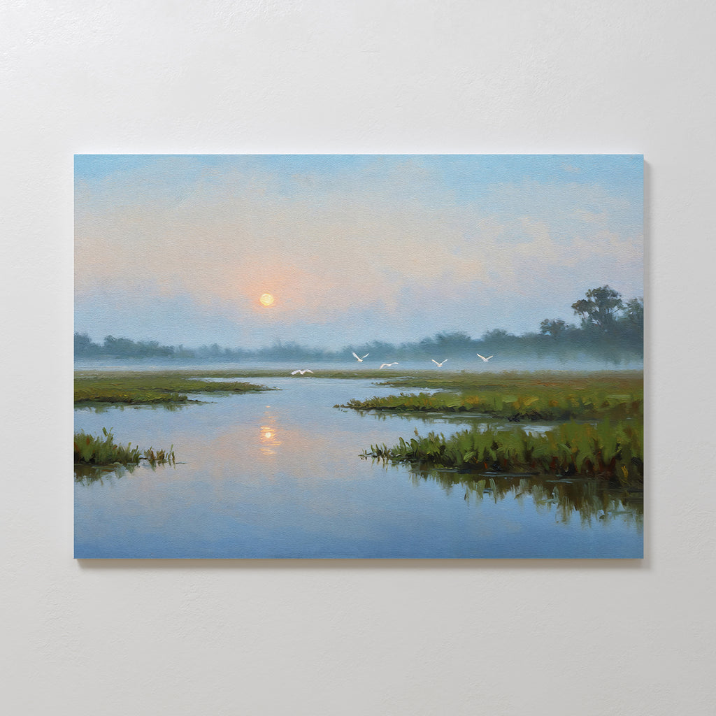 Rising Stillness Canvas Art captures a serene wetland at sunrise with misty waters, green grasses, and soaring white birds—perfect minimalist wall art to elevate your bedroom decor.