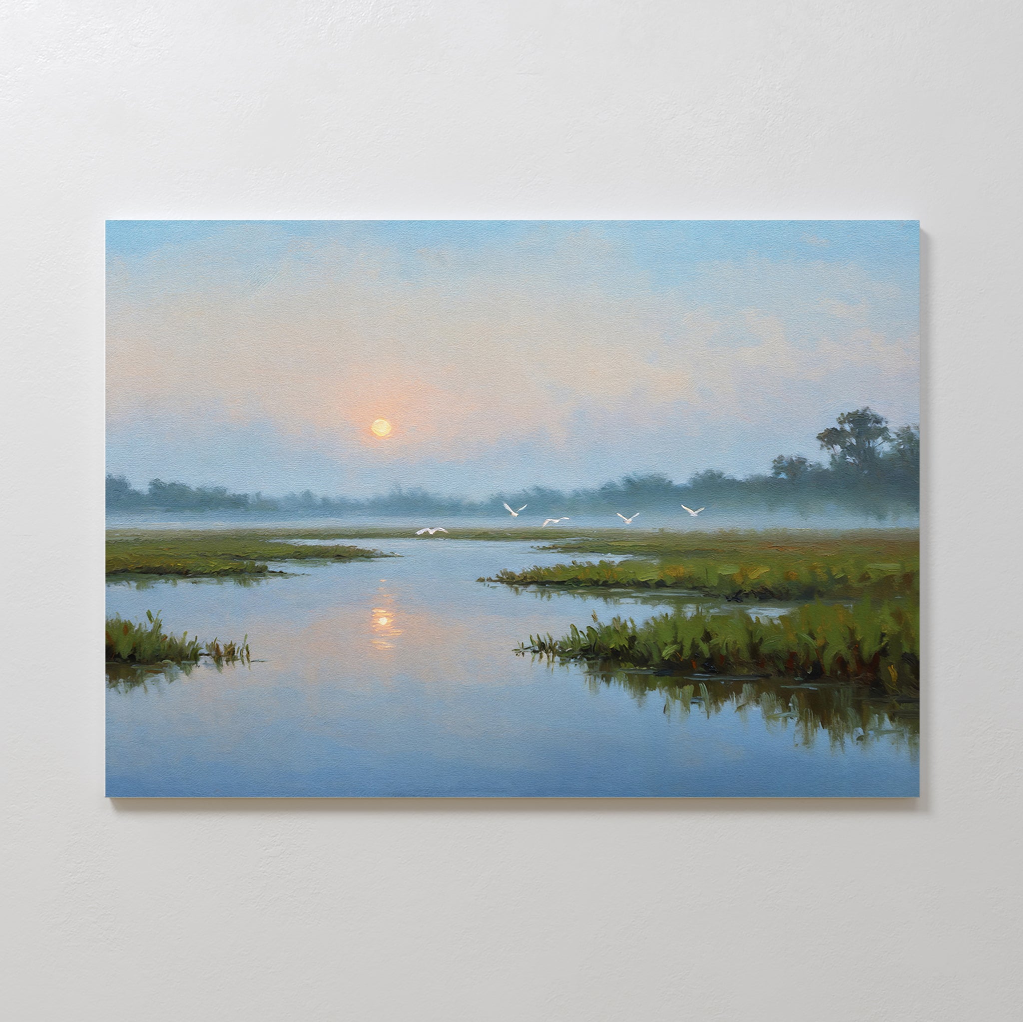 Rising Stillness Canvas Art captures a serene wetland at sunrise with misty waters, green grasses, and soaring white birds—perfect minimalist wall art to elevate your bedroom decor.