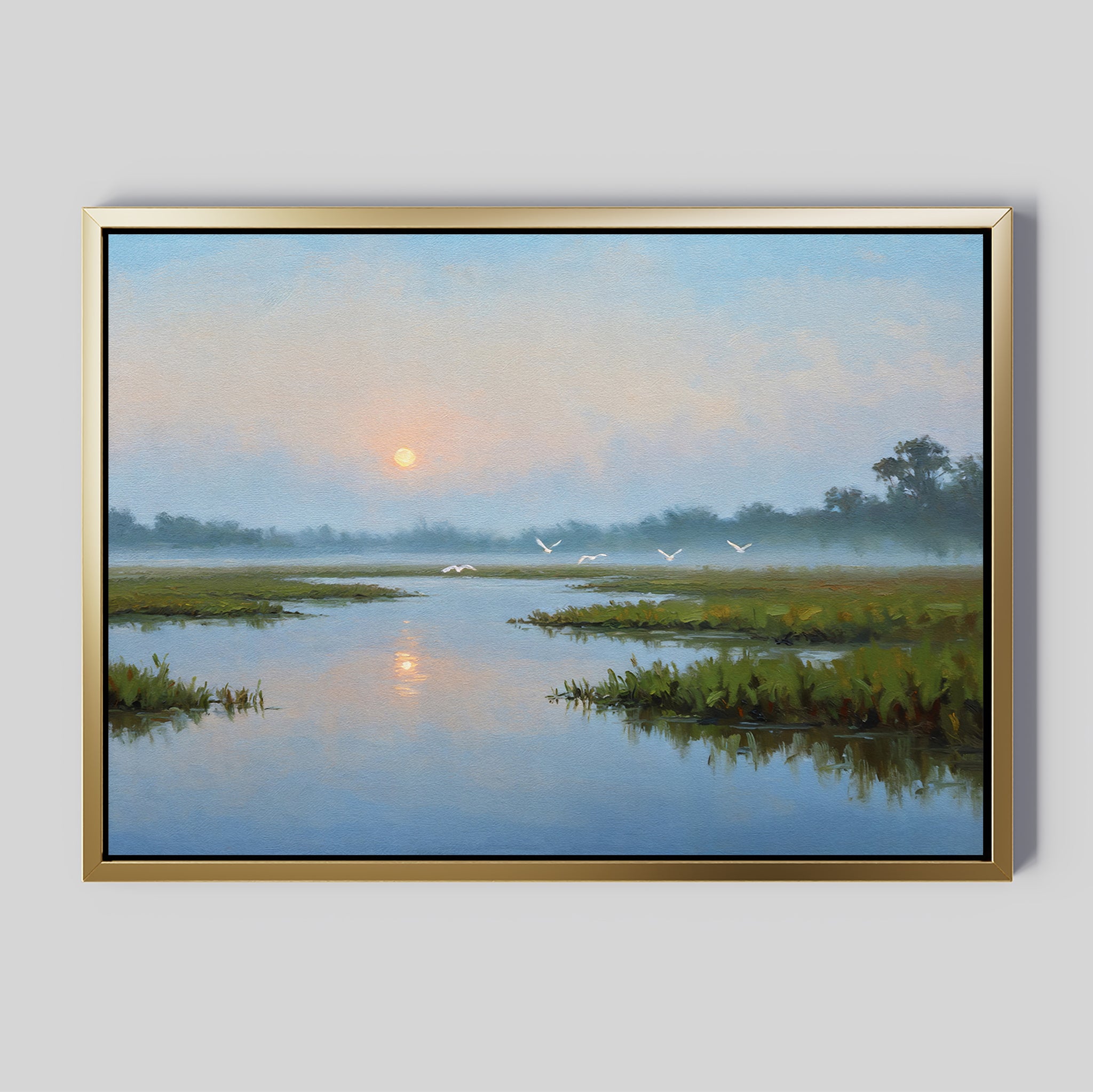 Bring tranquility to your bedroom with the Rising Stillness Canvas Art, a framed painting of a serene wetland at sunrise featuring calm water, green marsh plants, distant trees, and white birds in flight.