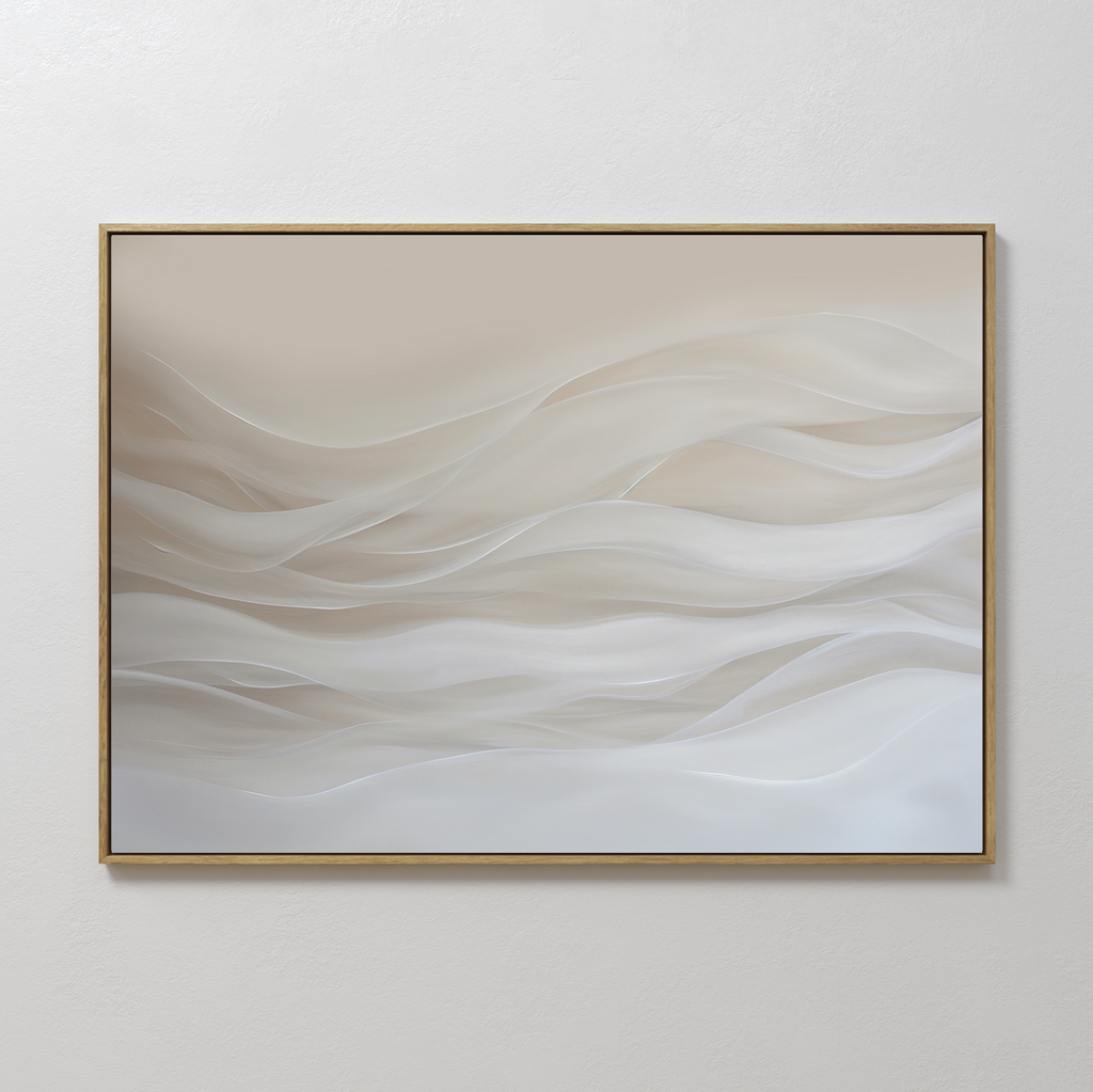 The Sandy Hues Abstract Canvas Art features soft, wave-like shapes in beige, white, and light gray, framed for a minimalist look—perfect wall art to enhance your living room decor.