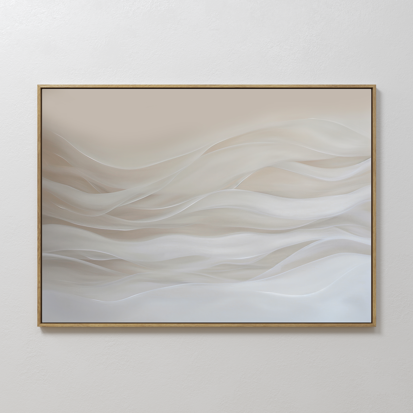 The Sandy Hues Abstract Canvas Art features soft, wave-like shapes in beige, white, and light gray, framed for a minimalist look—perfect wall art to enhance your living room decor.