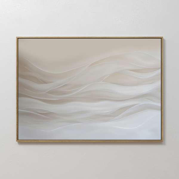 The Sandy Hues Abstract Canvas Art features soft, wave-like shapes in beige, white, and light gray, framed for a minimalist look—perfect wall art to enhance your living room decor.