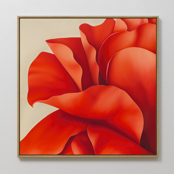 Red Elegance Abstract Canvas Art features a vibrant red flower with layered petals on a beige background, making it perfect minimalist wall art and an ideal accent for your living room decor.