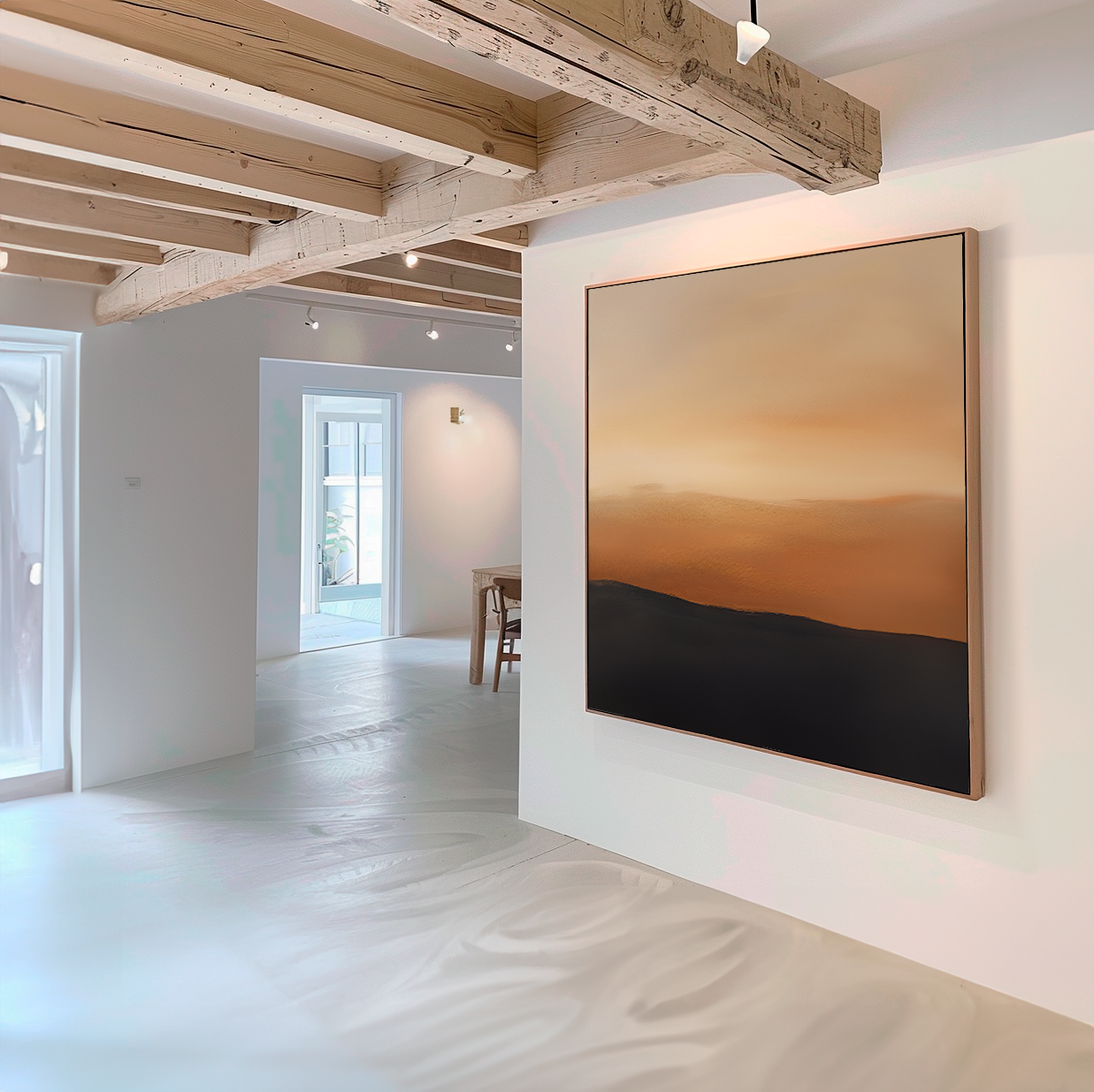 A modern room with wooden ceiling beams features the Tranquil Vista Abstract Canvas Art in warm orange and dark brown hues. Sunlight streams in, highlighting the bright, minimalist living room decor.