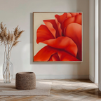 A minimalist living space features Red Elegance Abstract Canvas Art above a glass vase of dried pampas grass and a woven ottoman on herringbone flooring near a sunlit window—perfect for elegant living room decor.