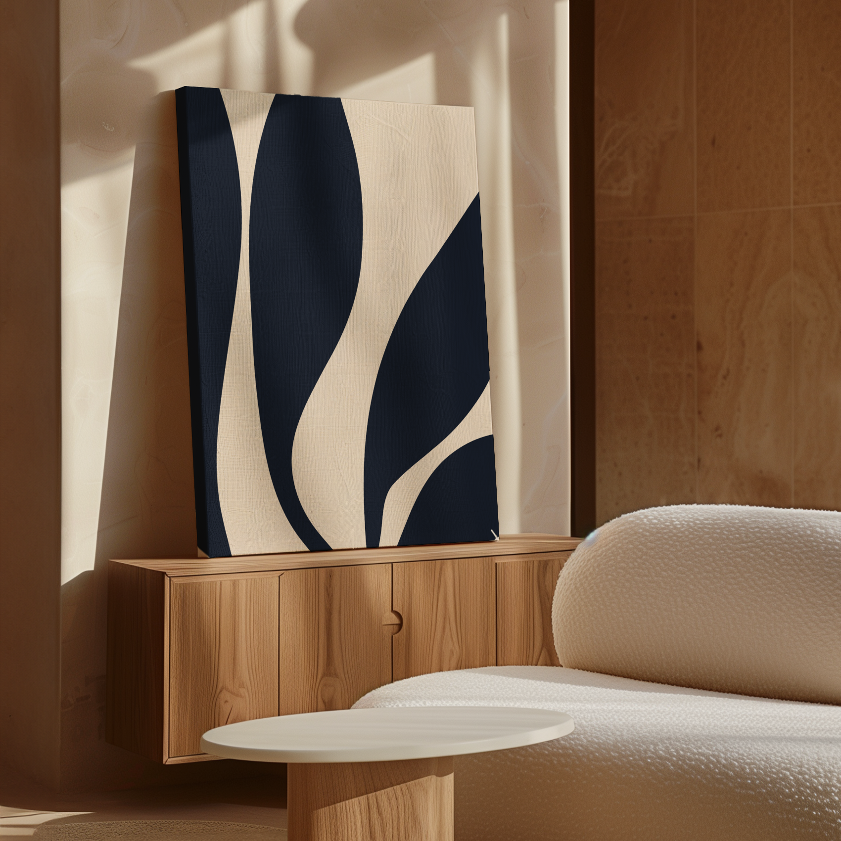 A minimalist living space features a wooden cabinet showcasing the Dark Blue Leaves Abstract Canvas Art, next to a textured white sofa and round coffee table, all bathed in natural sunlight for a touch of modern elegance.