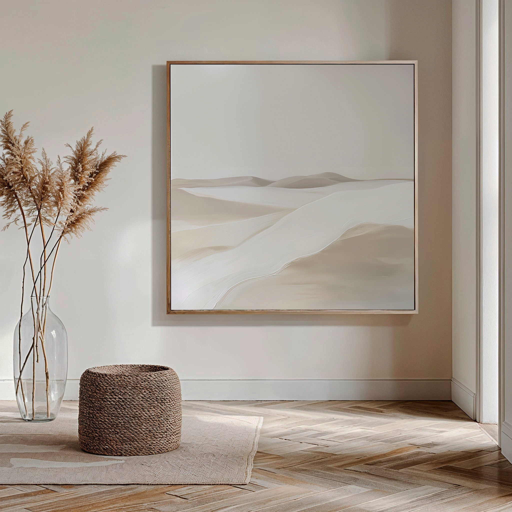A minimalist living space with light walls, parquet wood flooring, a glass vase of pampas grass, a woven ottoman, and the Misty Vale Abstract Canvas Art as wall decor. Sunlight streams in from a window on the right.