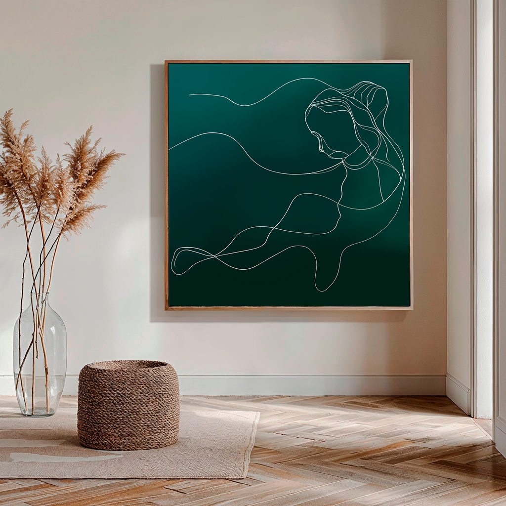 A minimalistic living room decor features the Azure Silhouette Abstract Canvas Art, a glass vase with dried pampas grass, a woven round ottoman, and a rug on wooden herringbone flooring.