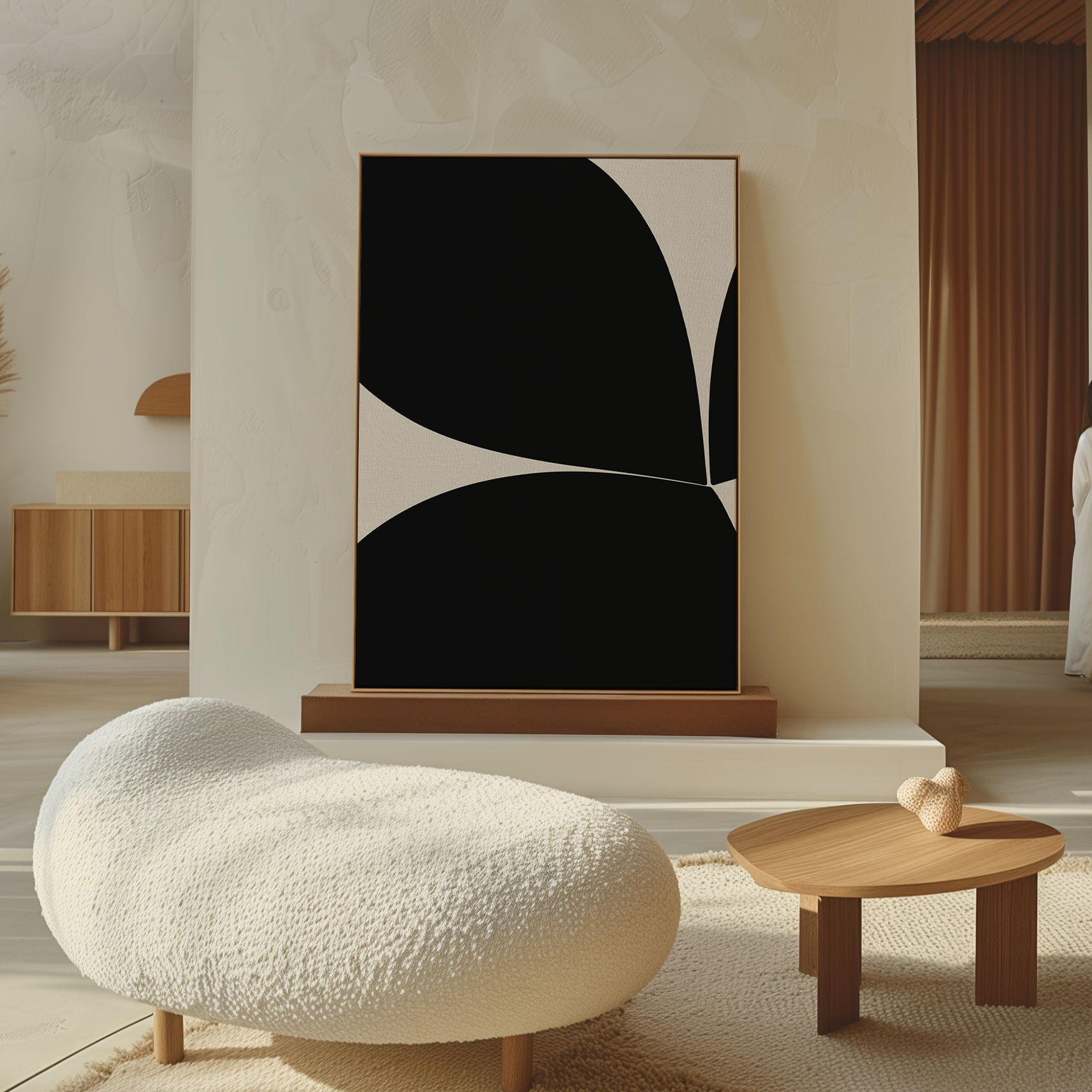 A minimalist living room with a textured white lounge chair, small wooden coffee table, and the Black Botanical Abstract Canvas Art featuring bold black shapes on a light background, leaning against a light-colored wall.