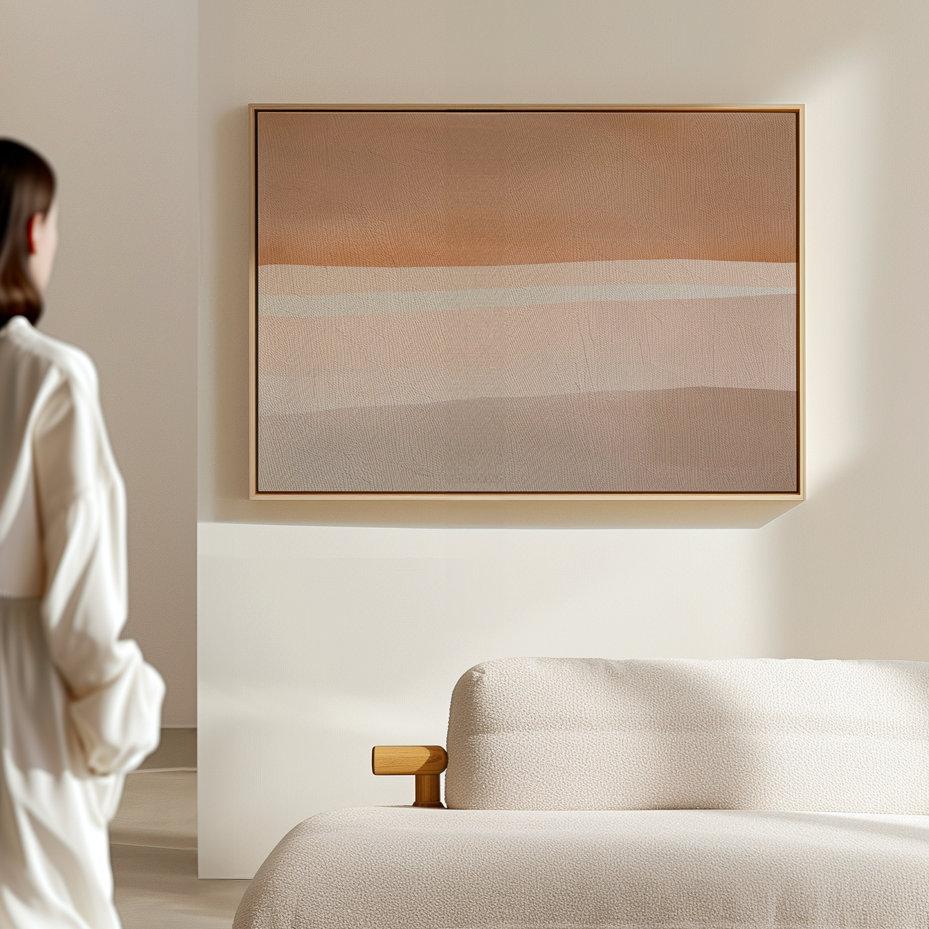 A person stands in a softly lit, minimalist room with a beige couch and the Saharan Lines Abstract Canvas Art—a large, warm-toned, desert-inspired painting—hanging on the wall.