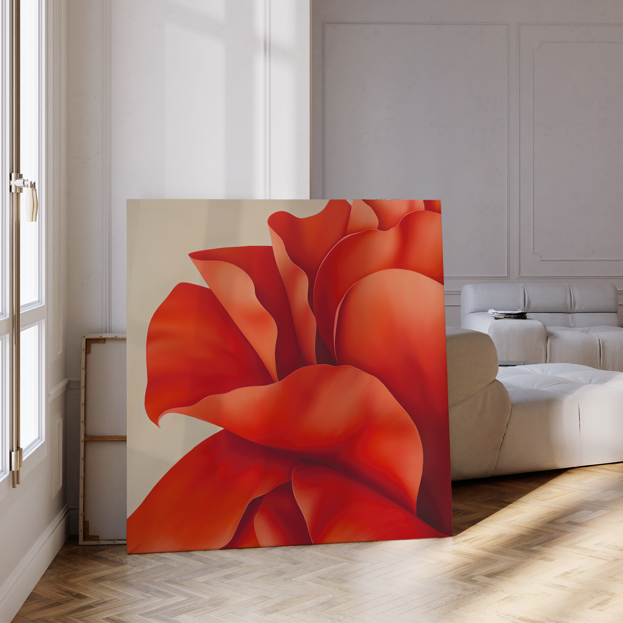 Red Elegance Abstract Canvas Art adds a bold splash of color to any modern living room, displayed against a white sofa and tall windows—an ideal choice for contemporary decor.