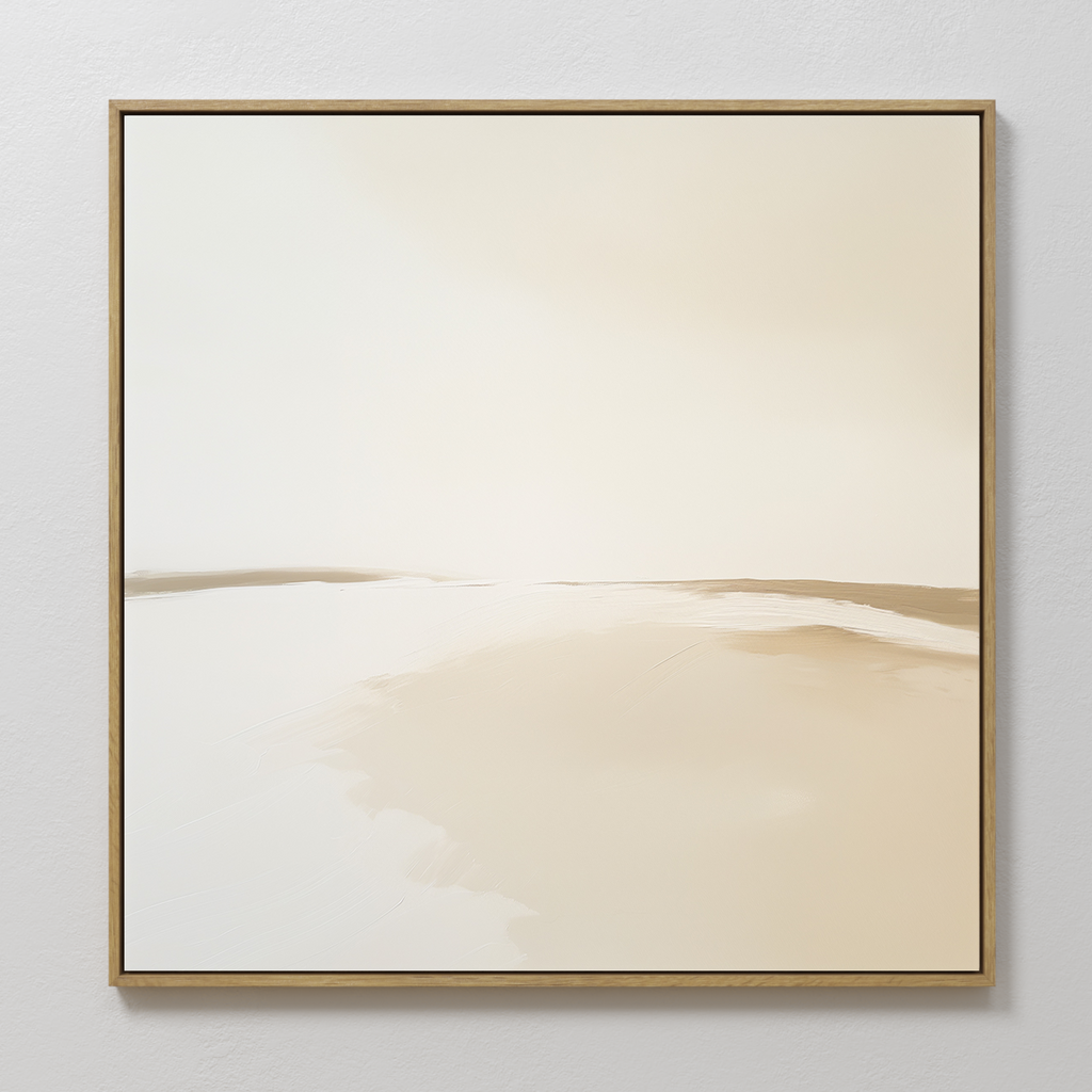 The Serene Expanse Abstract Canvas Art by My Store showcases beige and off-white abstract shapes, framed in light wood. This modern square wall art brings a calming, minimalist touch to any living room décor.