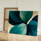 Two large canvases lean on a herringbone wood floor against a white wall; one shows its frame’s back, while the other features the Lush Teal Foliage Abstract Canvas Art with bold blue and green leaves—perfect for striking living room decor.
