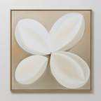 The Clover Harmony Abstract Canvas Art features four overlapping white petal shapes on a beige background, framed in thin wood—an ideal minimalist wall decor piece for modern living rooms.