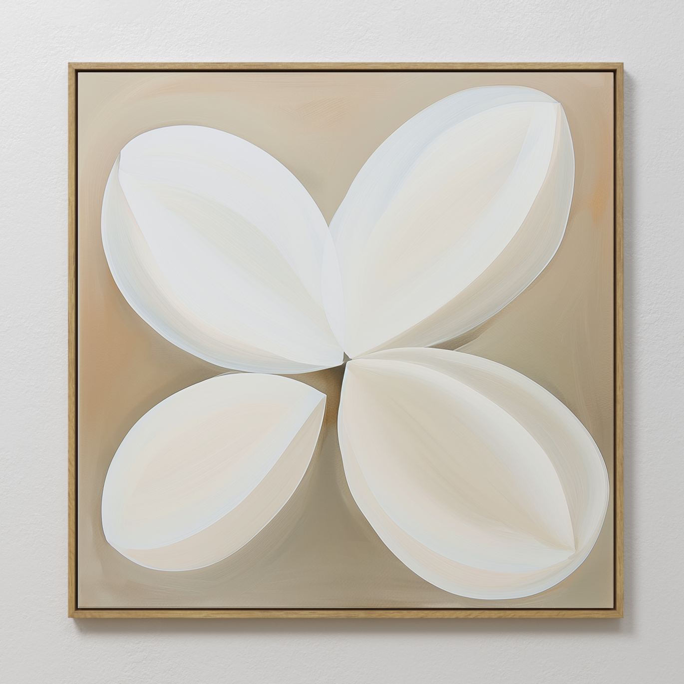 The Clover Harmony Abstract Canvas Art features four overlapping white petal shapes on a beige background, framed in thin wood—an ideal minimalist wall decor piece for modern living rooms.