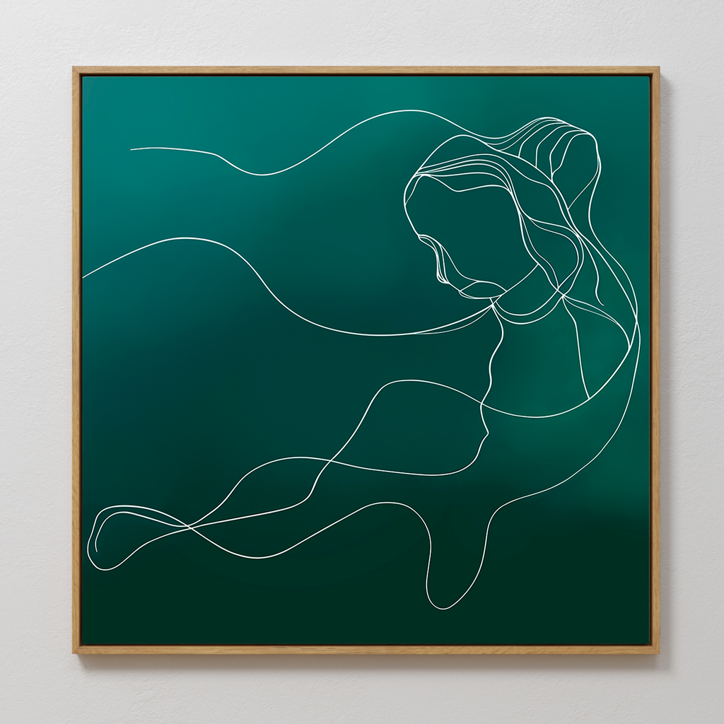 Azure Silhouette Abstract Canvas Art features a minimalist line drawing of a woman with long flowing hair on a deep green background, framed in light wood—modern wall art ideal for serene, contemporary living room decor.