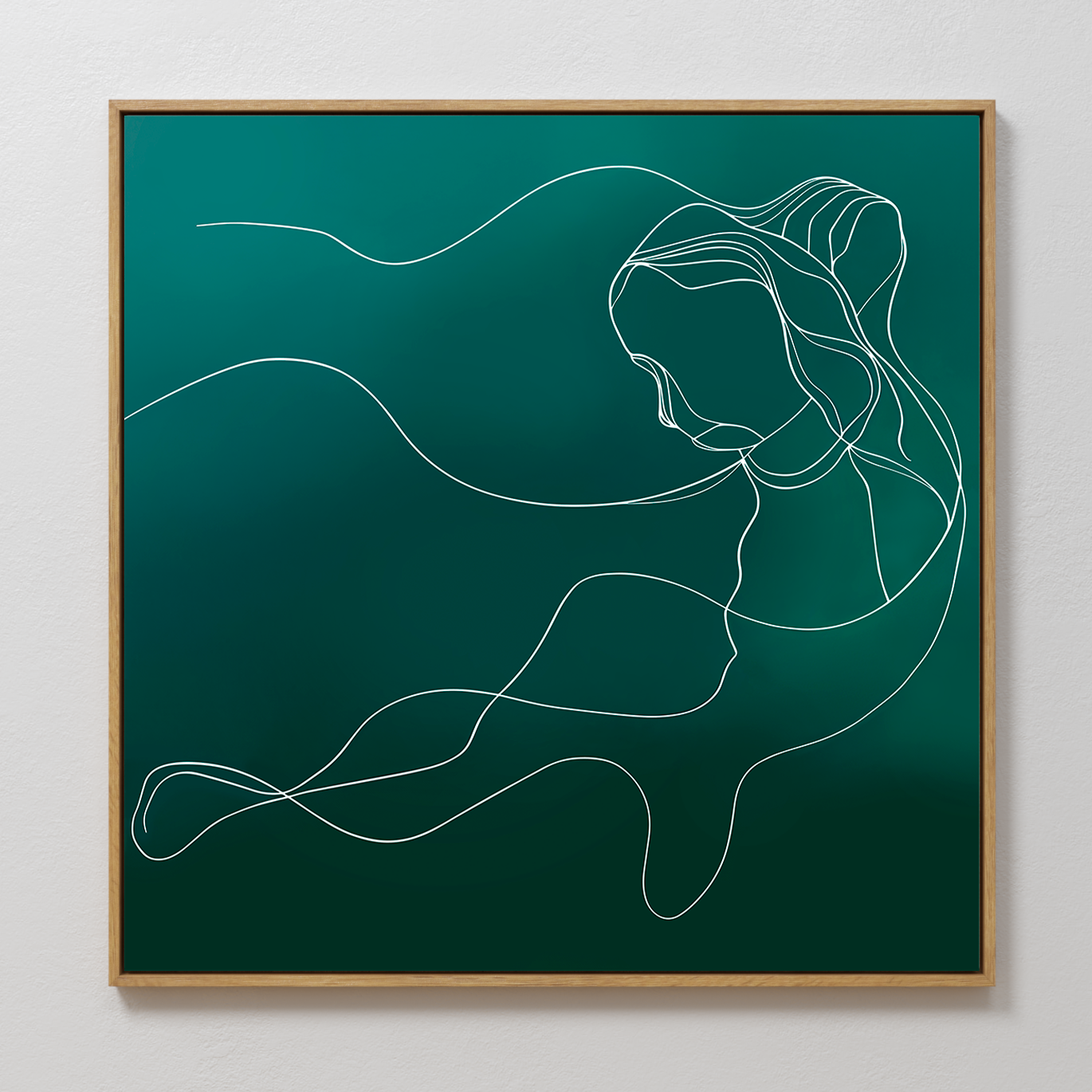 Azure Silhouette Abstract Canvas Art features a minimalist line drawing of a woman with long flowing hair on a deep green background, framed in light wood—modern wall art ideal for serene, contemporary living room decor.