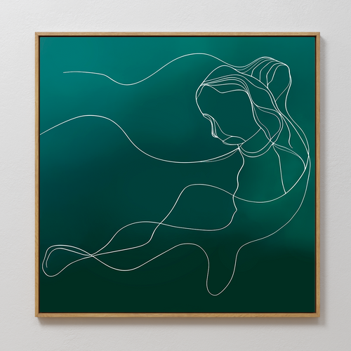 Azure Silhouette Abstract Canvas Art features a minimalist line drawing of a woman with long flowing hair on a deep green background, framed in light wood—modern wall art ideal for serene, contemporary living room decor.