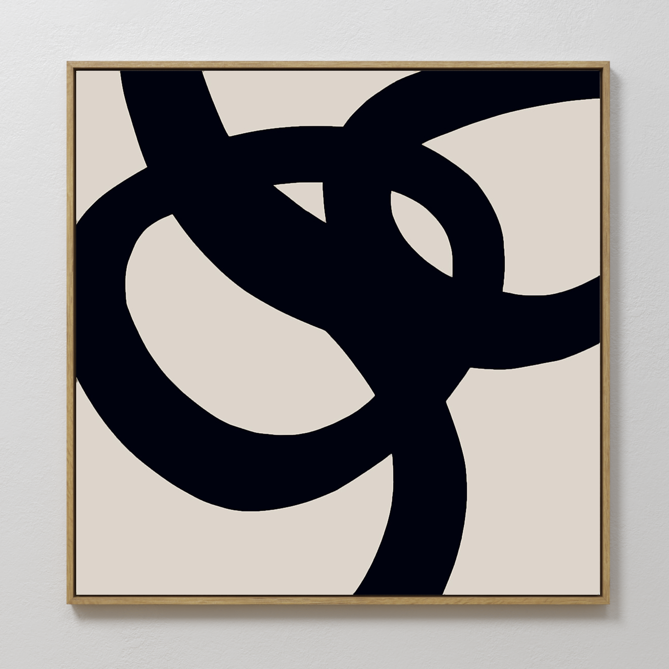 Monochrome Stream Abstract Canvas Art features bold, overlapping black curves on a beige background in a simple wooden frame, bringing modern minimalist elegance and eye-catching style to your living room decor.