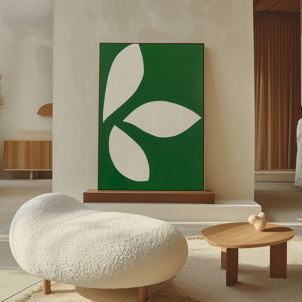 A modern living room with a textured white lounge chair, wooden coffee table, and the Leaf Silhouette Abstract Canvas Art featuring white shapes on green, creating refined and stylish living room decor.